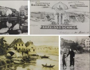 Oben links das Wehr, rechts das Firmenloge von "Bareids und Schmid", unten links ein Gemälde von 1850, rechts Eislauf auf dem Neckar. 